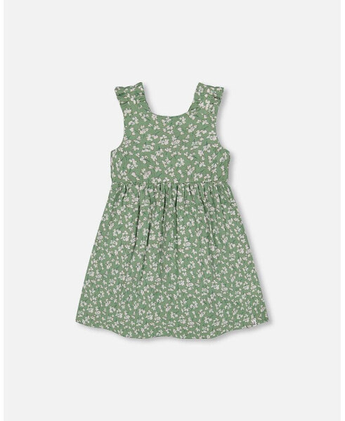 Girl Sleeveless Muslin Dress Green Jasmine Flower Print - Child