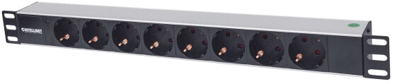 Удлинитель Intellinet 19" 1.5U Rackmount 8-Way Power Strip - German Type – With LED Indicator Only – No Surge Protection – 1.6m Power Cord (Euro 2-pin plug) – 1U – Horizontal – Aluminium – Aluminium – Black – 8 AC outlet(s) – Type F