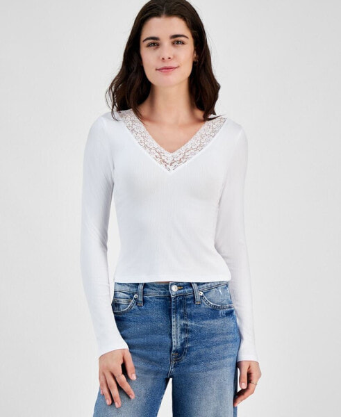 Juniors' V-Neck Lace-Trim Long-Sleeve Top