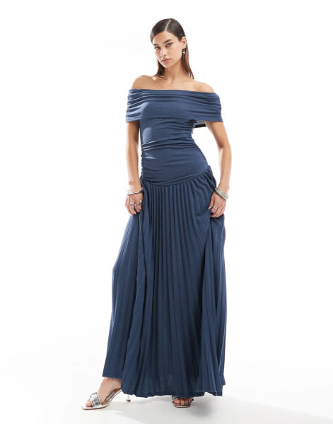 Lioness knit ruched bardot drop waist pleated maxi dress in navy