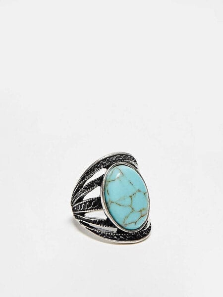 ASOS DESIGN wide ring with faux turquoise stone in burnished silver tone