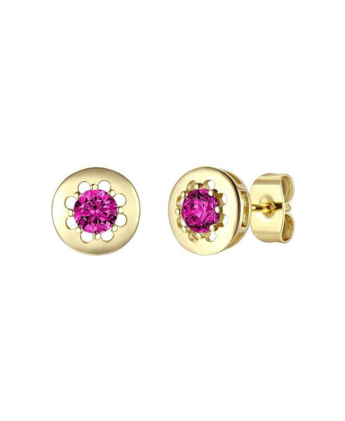 14k Gold Plated with Ruby Cubic Zirconia Round Solitaire Bezel Stud Earrings