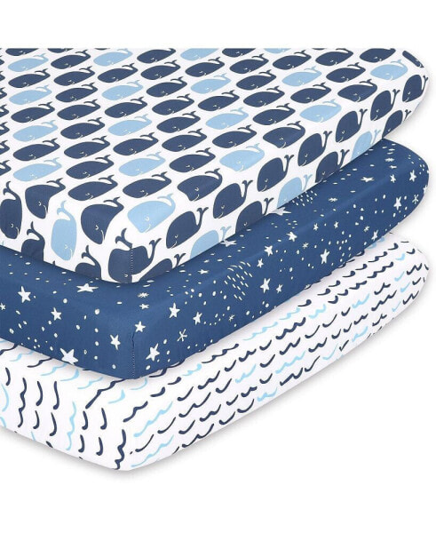Pack n Play, Mini Crib, Portable Crib or Fitted Playard Sheets for Baby Boy, 3 Pack Set, Navy, White & Blue Nautical Print