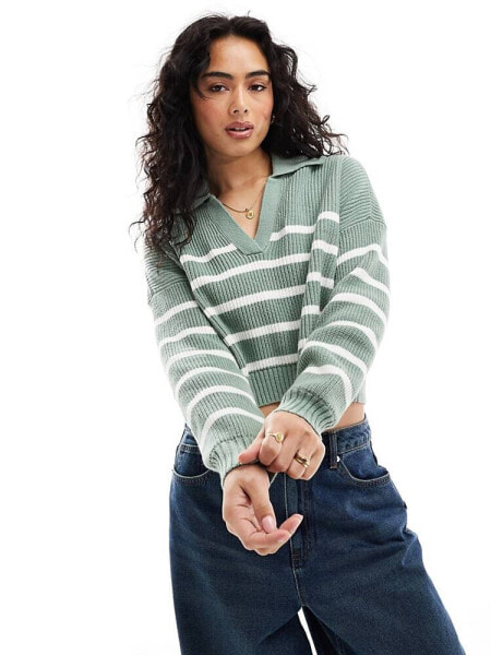 Hollister long sleeve striped knitted jumper with polo collar in green 