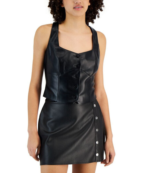 Women's Button-Up Faux-Leather Tank Top, Created for Macy's