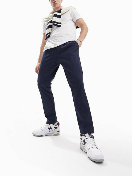 ASOS DESIGN cigarette chinos with pleats in navy