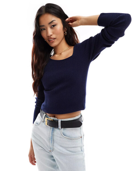 YAS asymmetric neck long sleeve knitted top in navy - NAVY