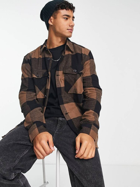 Only & Sons check overshirt with chest pockets in brown 