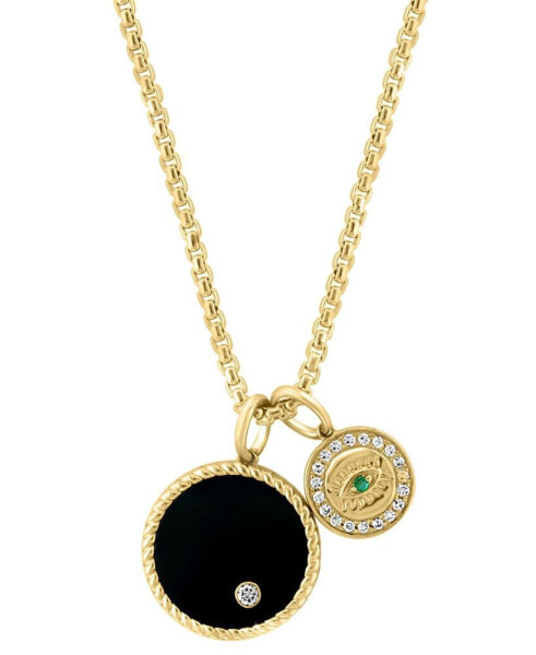 EFFY® Men's Onyx, Emerald Accent, & Diamond (1/6 ct. t.w.) Two Charm 22" Pendant Necklace in 14k Gold