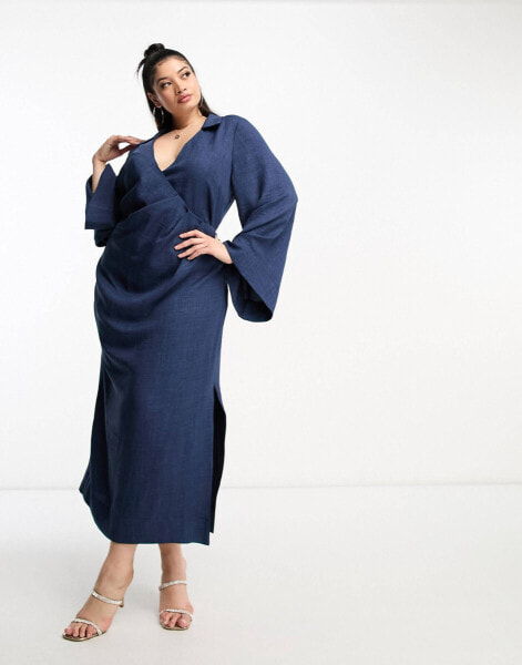 ASOS DESIGN Curve flute sleeve collared wrap midi dress with gathers in blue