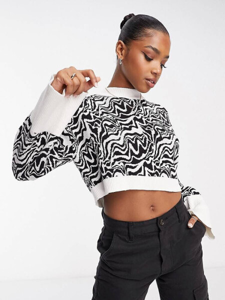 Monki cropped jumper in black and off white swirl