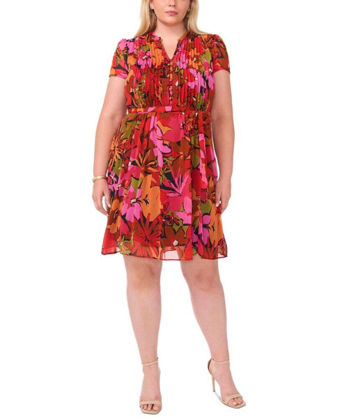 Plus Size Printed Split-Neck Pintuck Cap-Sleeve Dress