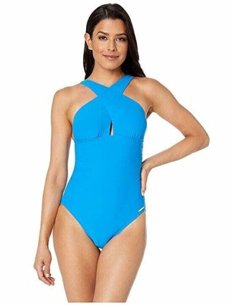 Michael Kors 168427 Womens Solid Ruched One-Piece Swimsuit Tile Blue Size 14