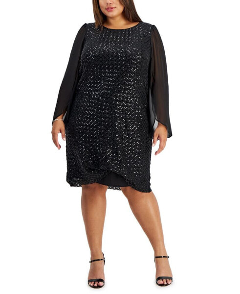 Plus Size Round-Neck Cape-Sleeve Sequin Sheath Dress