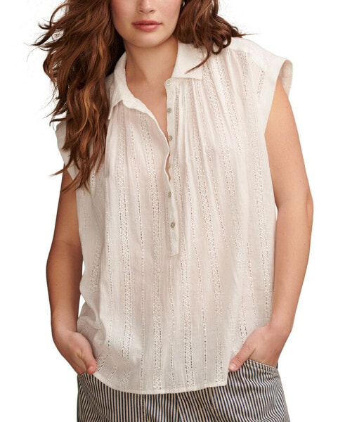 Women's Cotton Embroidered Collared Popover Blouse