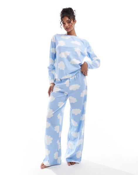 ASOS DESIGN cloud long sleeve top & trouser pyjama set in blue