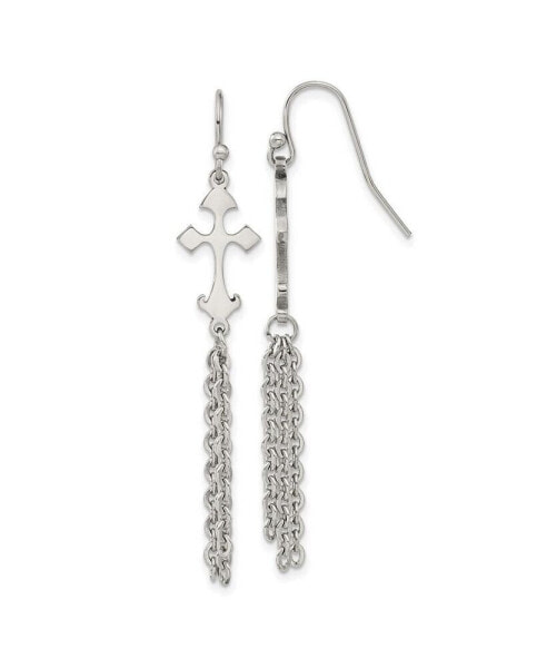 Stainless Steel Polished Cross Dangle Shepherd Hook Earrings