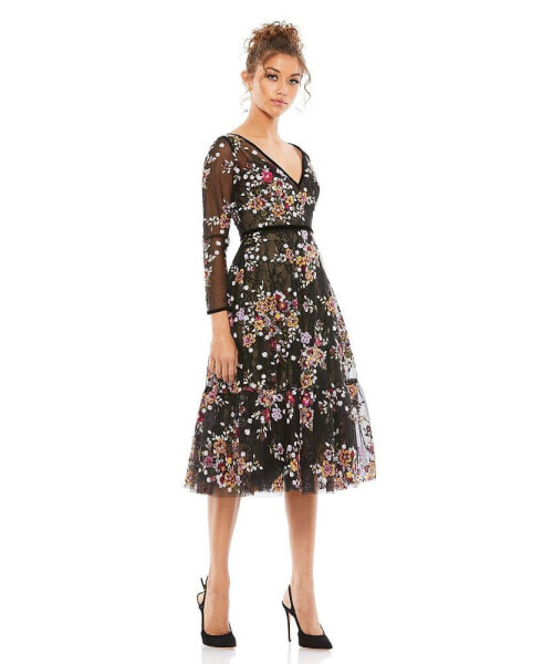 Women's Black Floral Embroidered Tea Length Dress