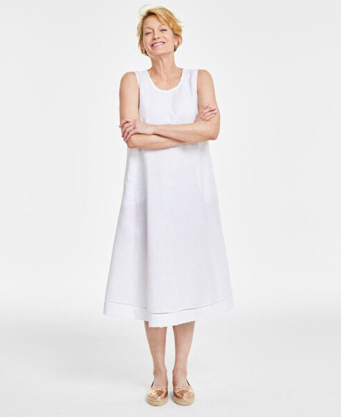 Women's 100% Linen Ladder-Stitch Midi Dress, Created for Macy's