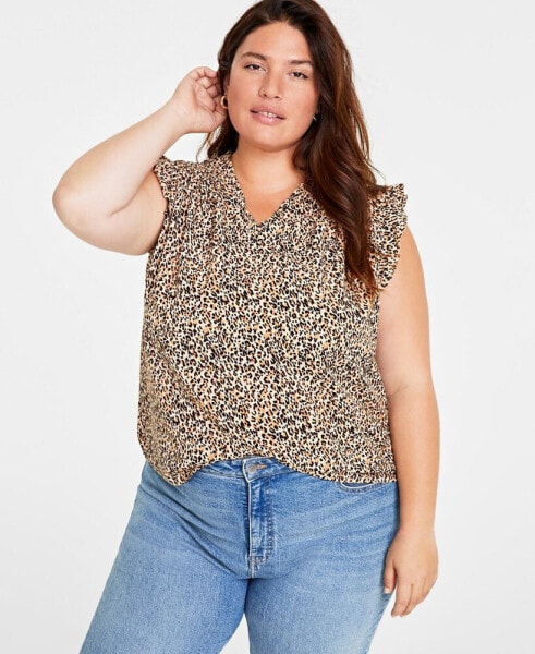 Trendy Plus Size Leopard-Print Ruffle-Sleeve Top, Created for Macy's