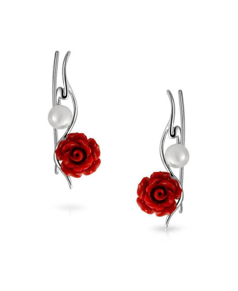 Trendy 3D Red Rose Flower White Freshwater Cultured Pearl Wire Ear Pin Climbers Crawlers Earrings For Women .925 Sterling Silver