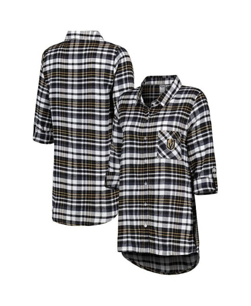 Women's Black Vegas Golden Knights Mainstay Flannel Full-Button Three-Quarter Sleeve Nightshirt