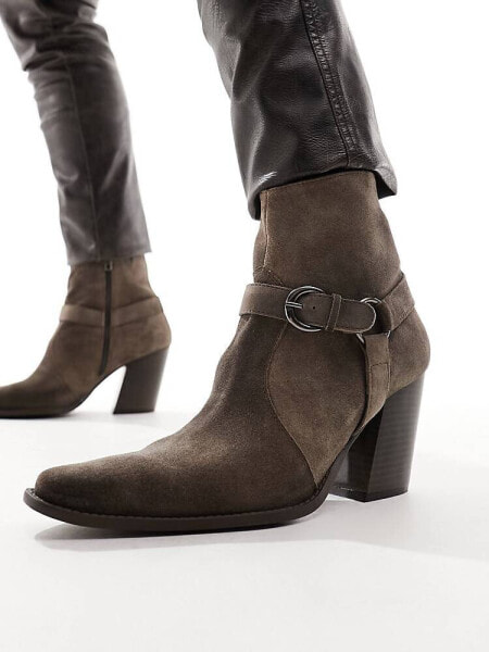 ASOS DESIGN heeled boot in brown suede with buckle detail