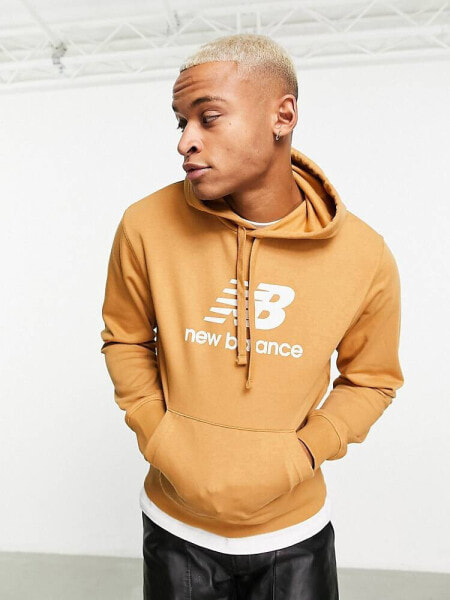 New Balance Essentials Stacked Logo Fleece Hoodie in tan