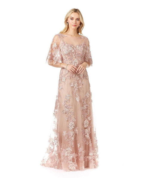 Women's Long Bell Sleeve Boat-Neck Beaded Gown