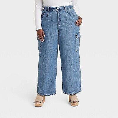 Women's Wide Leg Denim Cargo Trousers - Universal Thread Medium Wash 24