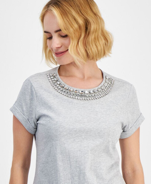 Petite Cotton Rhinestone-Neck Top, Created for Macy's