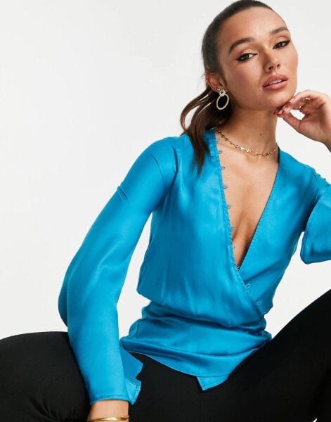 ASOS DESIGN drape long sleeve top with and peplum hem in bright teal