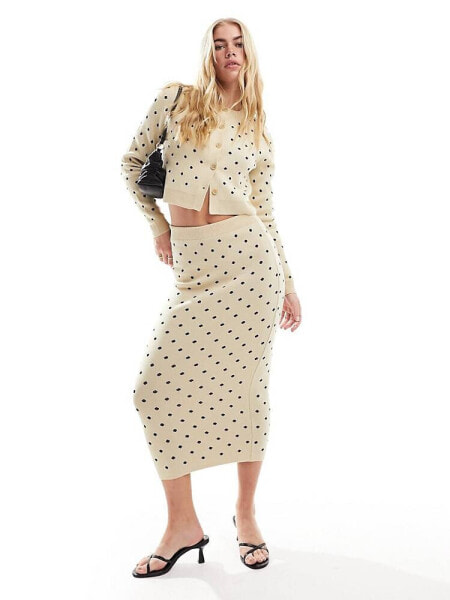 ASOS DESIGN knitted jacquard midi skirt in cream polka dot co-ord