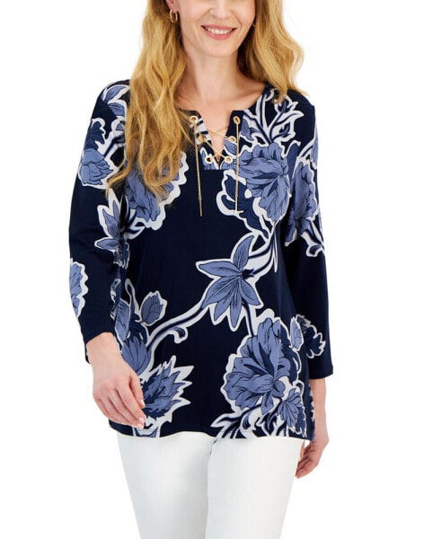 Women's 3/4 Sleeve Printed Chain Lace-Up Tunic, Created for Macy's