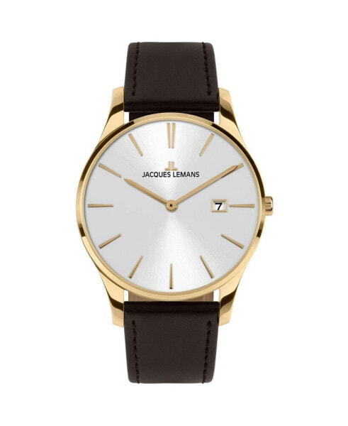 Women's London Watch with Leather Strap, Solid Stainless Steel IP Gold, 1-2122