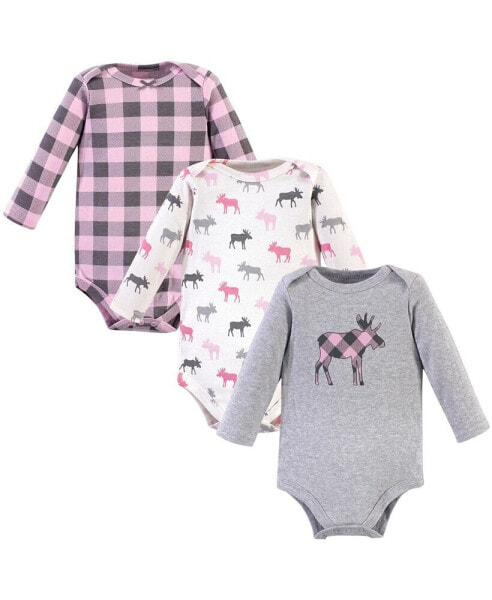 Baby Girls Cotton Long-Sleeve Bodysuits, Pink Moose, 3-Pack