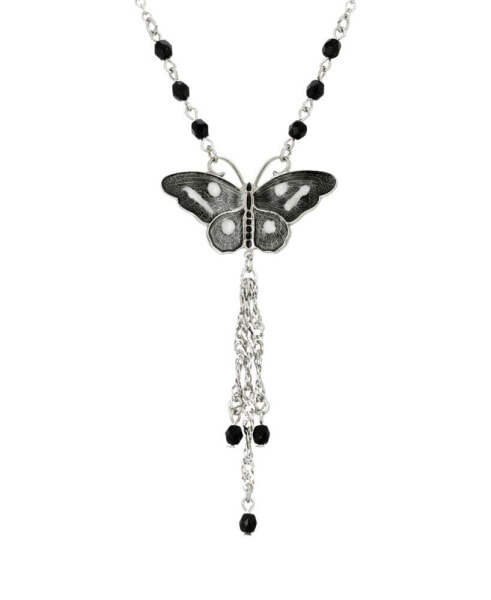 Women's Silver Tone Black White Enamel Black Beads Butterfly Necklace