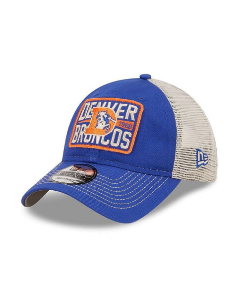 Men's Royal and Natural Denver Broncos Historic Logo Devoted Trucker 9TWENTY Snapback Hat