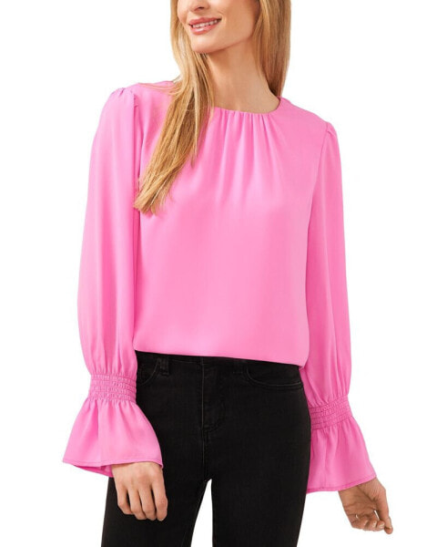 Women's Crewneck Long Sleeve Smocked Ruffle Cuff Blouse