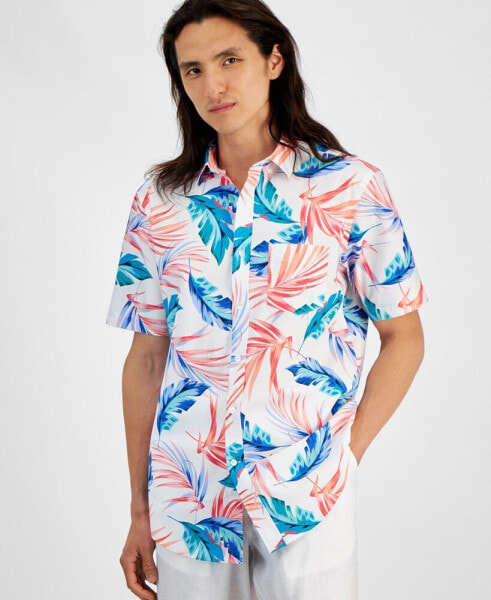 Men's Summer Leaf Regular-Fit Stretch Tropical-Print Button-Down Poplin Shirt, Created for Macy's