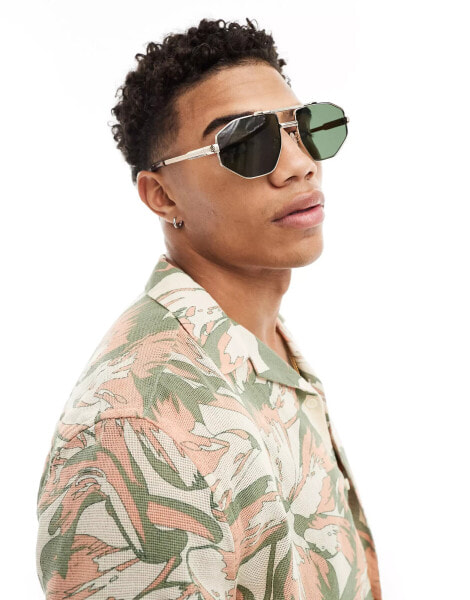 ASOS DESIGN archive aviator sunglasses in gold with green lens