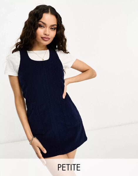 DTT Petite Dawn cord pinafore dress with zip back in navy