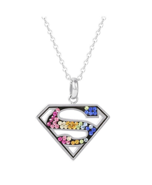 Superman Cutout Stainless Steel Rainbow Crystals Emblem Necklace, 18"