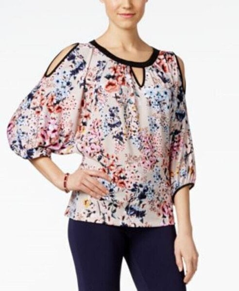 ECI Women's Printed Cold Shoulder Dolman Sleeve Blouse Tan Pink Floral M