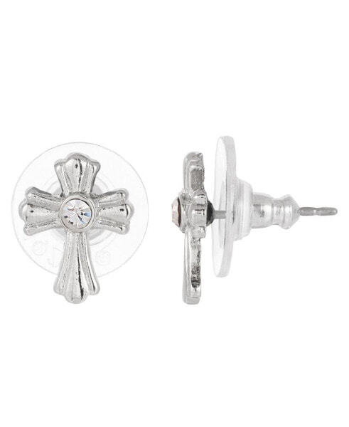 Silver-Tone Crystal Cross Stud Earrings