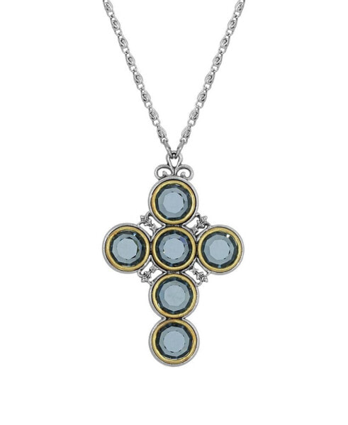 Symbols of Faith pewter Cross with Round Blue Crystal Necklace