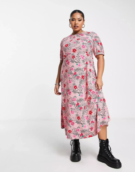 Simply Be puff sleeve midi dress in pink floral