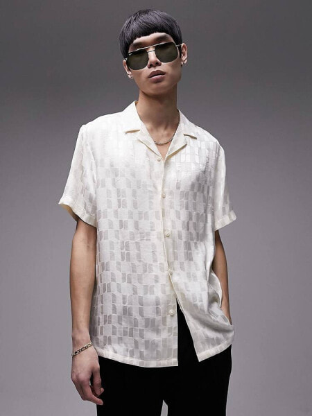 Topman short sleeve regular revere grid jaquard shirt in white