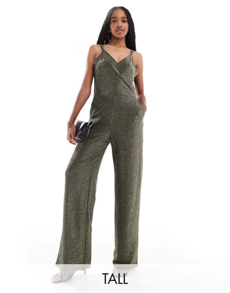 Vero Moda Tall strappy wide leg jumpsuit in black and gold glitter