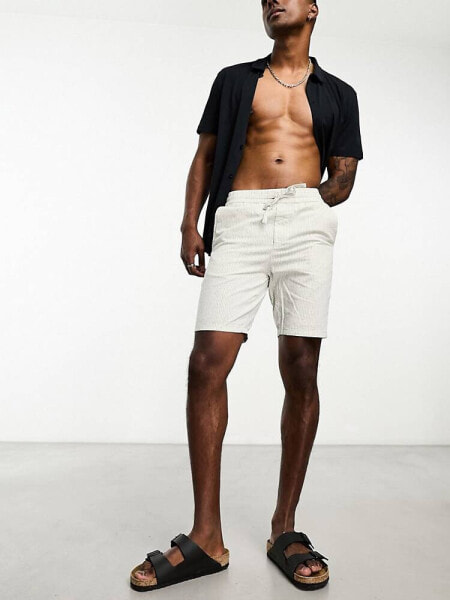 Only & Sons linen mix shorts in white and grey pinstripe